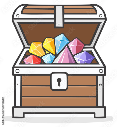 Cartoon illustration of an open wooden treasure chest filled with colorful gems and jewels