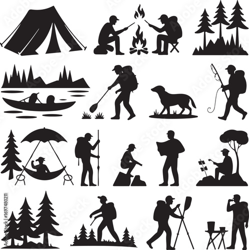 Camping and Outdoor Activity Silhouettes of People and Nature Keywords: camping, tent, campfire