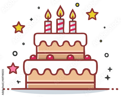 Two-tiered birthday cake with candles and star decorations, festive celebration illustration