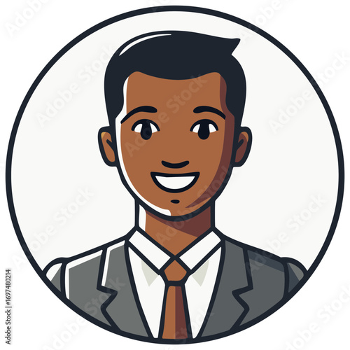 Friendly businessman avatar smiling in a gray suit and tie, circular headshot.
