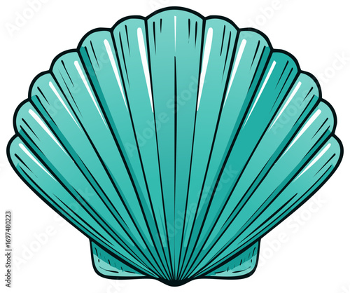 Stylized cartoon scallop seashell illustration with a ribbed fan shape in aqua blue.