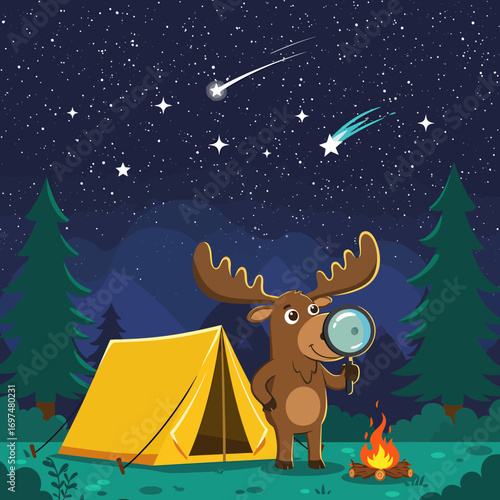 A whimsical cartoon moose camping under a starry night sky, observing shooting stars by a fire