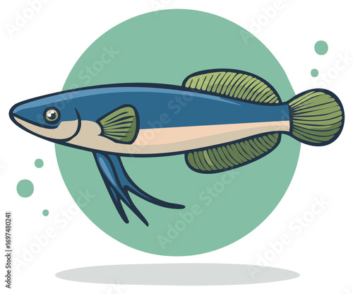 Illustration of Blue Fish with Green Fins in Water Bubbles Isolated in Studio for Graphics and Design