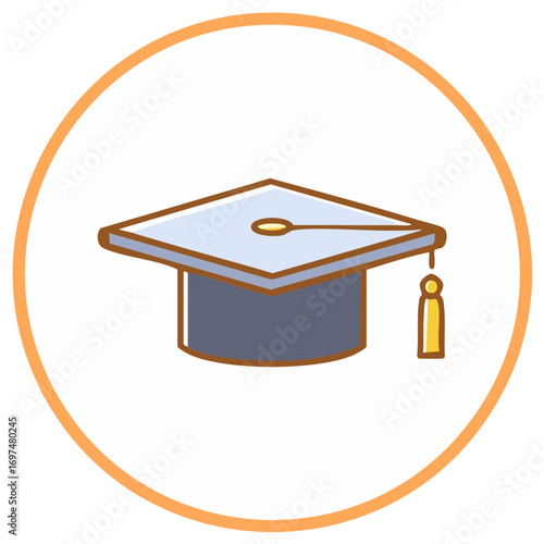 Illustration of Graduation Cap in Orange Circle. Symbol of Education and Achievement.