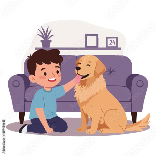 A happy child gently pets a friendly golden retriever dog in a cozy living room, depicted as a cheerful 2D flat vector illustration with clean outlines and vibrant colors.