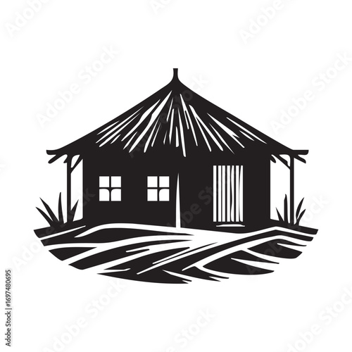 Stylized Silhouette of a Thatched Hut Shelter in Black and White Simple Home Rural Traditional Architecture Vector