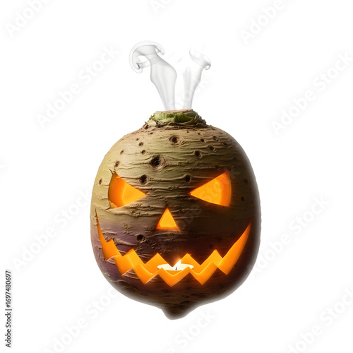 Eerie Glow of a Traditional Hand-Carved Turnip Jack-O'-Lantern with Rising Smoke for Halloween Festivities