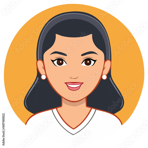 Cartoon portrait of a smiling woman with dark hair and a white shirt on an orange circle background