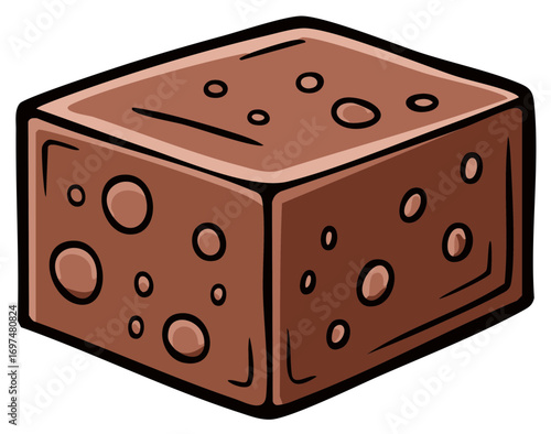 Cartoon chocolate fudge brownie cube with circles, delicious dessert snack, food illustration, yummy baking pastry treat
