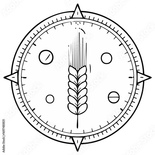 Line art illustration of a wheat stalk within a compass rose, a graphic symbol for agriculture and brewing