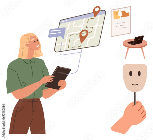 Woman using tablet with virtual map and location pins, speech bubble, mask, laptop on table, and wall chart. Ideal for navigation, technology, identity, communication planning individuality