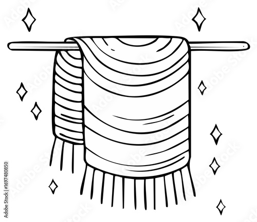 Drawn illustration of a scarf hanging on a horizontal bar with sparkles, isolated.