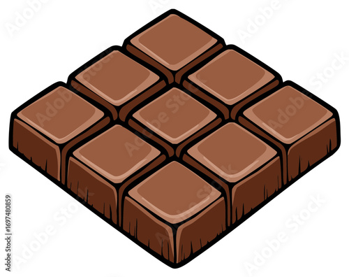 Delicious brown chocolate bar with nine squares arranged in three rows and three columns in isometric view