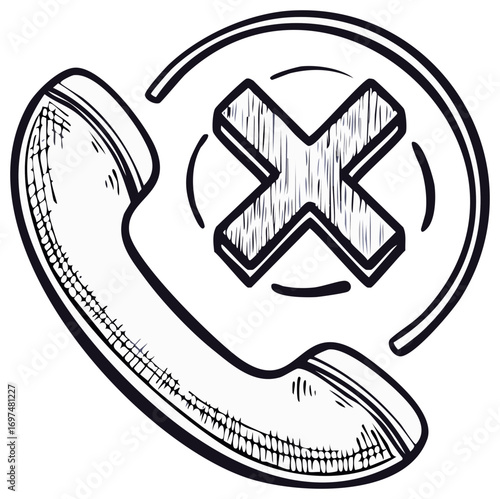 Phone handset with cancellation mark symbolizing no call or blocked number in sketchy drawing