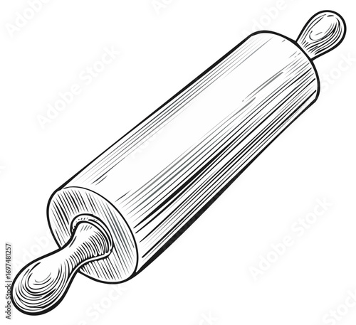 Simple line drawing of a wooden rolling pin with handles, isolated on white