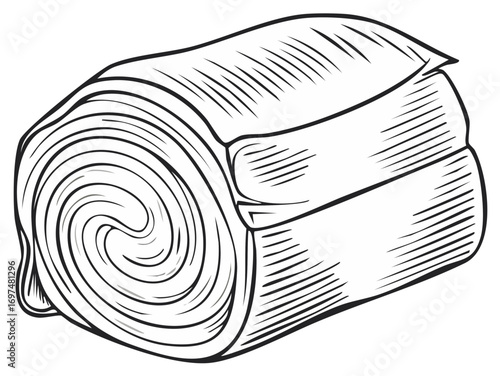 Sketch style illustration of a neatly rolled blanket or textile fabric