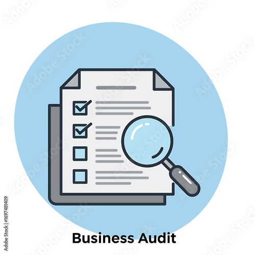 Business audit checklist with a magnifying glass, highlighting thorough evaluation and analysis