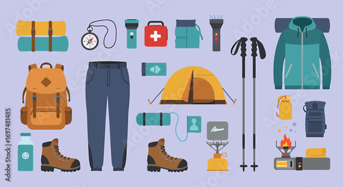 Camping gear and essentials arranged on a purple background, showcasing outdoor adventure equipment