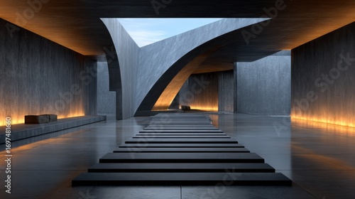 Exploring a concrete room showcasing striking abstract interior design with dramatic lighting and unique structural elements