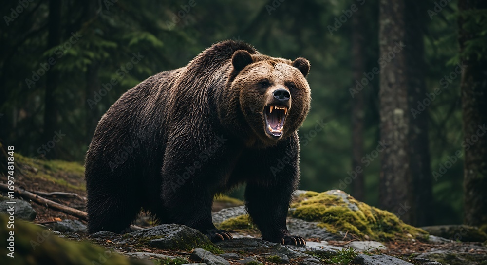 Fototapeta premium Angry grizzly bear in forest