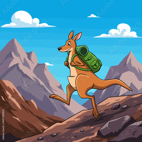 Cartoon kangaroo hiking with a backpack in a mountainous landscape under a bright blue sky