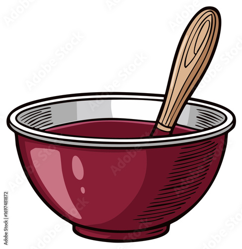 Red mixing bowl with wooden spoon and liquid food for cooking preparation kitchen utensil illustration