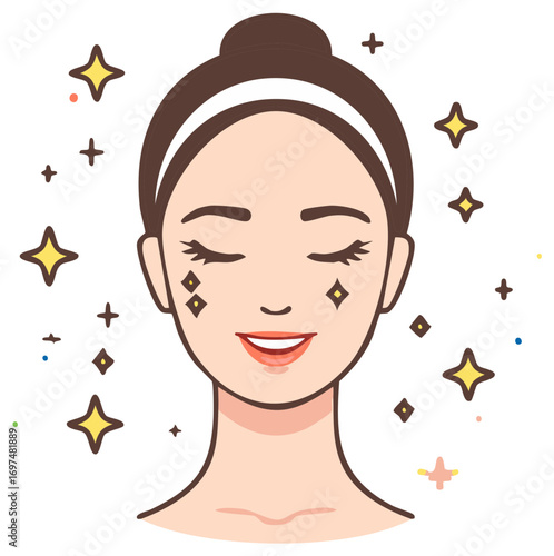 Woman with glowing face and closed eyes surrounded by stars, beauty concept, skincare, rejuvenation, rejuvenation