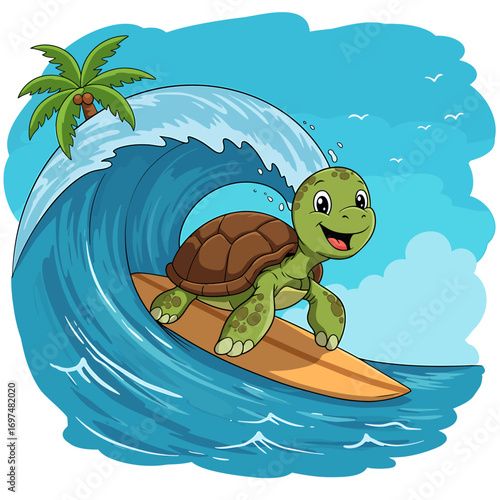Cartoon turtle surfing on a wave with palm trees in the background, evoking a fun beach vibe