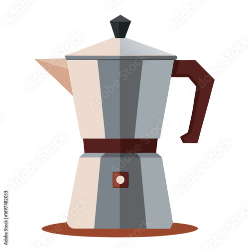 A traditional Italian moka pot coffee maker with an aluminum body, dark red handle and base trim, and a black top knob, illustrated in a geometric art style.