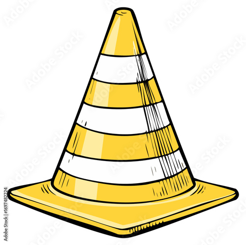 Vibrant yellow and white striped safety cone icon illustration with sketch style lines and graphic flair for use in construction concepts