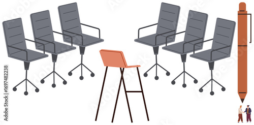 Grey office chairs in neat arrangement, contrasted with a high stool and oversized pen. Ideal for teamwork, management, innovation, creativity, brainstorming, leadership, simple flat metaphor