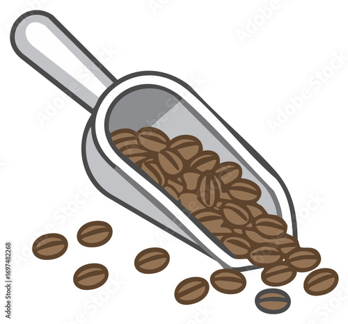 Roasted coffee beans spilling from a shiny metal scoop in a vibrant illustration