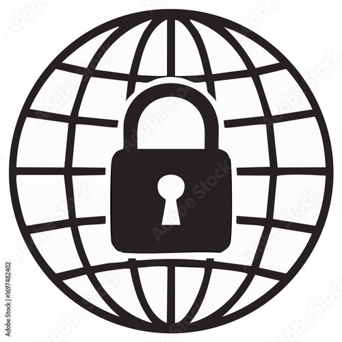 Padlock Protecting a Globe, Black and White Icon