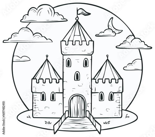Cartoon Castle with Towers and Flag Surrounded by Clouds and Moon in Circle Outline