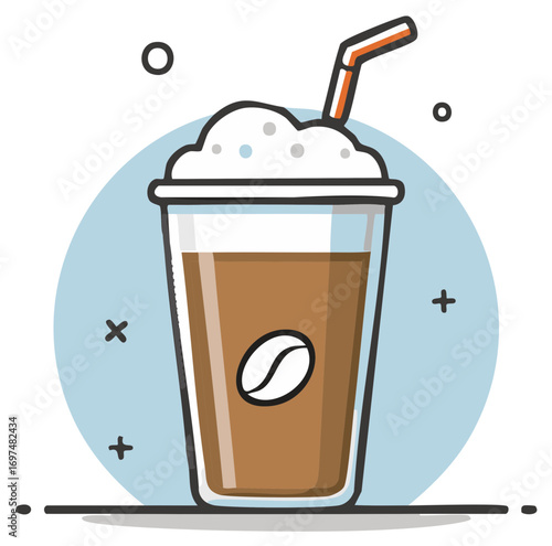 Cute cartoon illustration of an iced coffee to go cup with foam topping and a straw