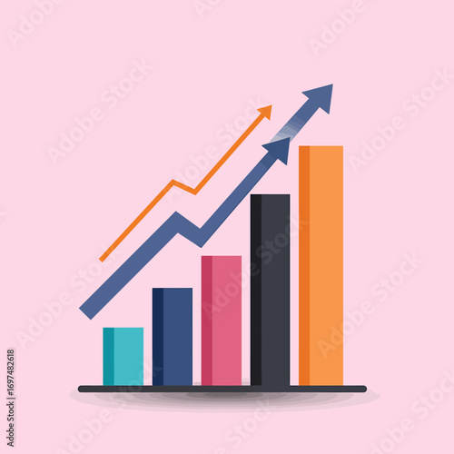 Colorful bar chart with upward trends on a light pink background representing growth and success