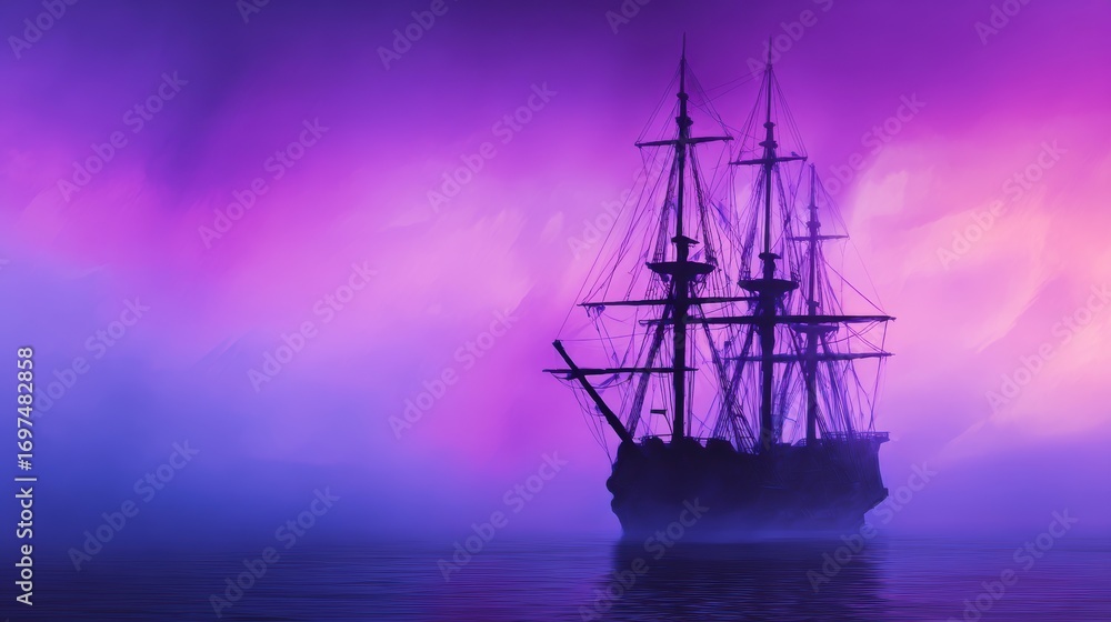 Fototapeta premium Majestic sailing ship gliding through misty waters at twilight, surrounded by vibrant purple skies
