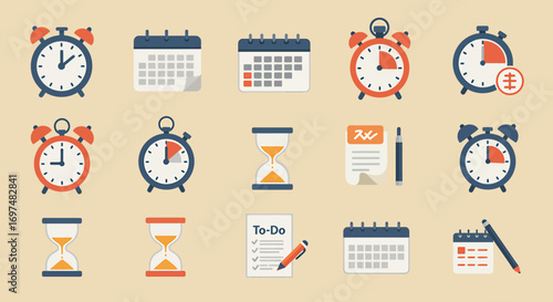 Colorful icons representing time management tools including clocks, calendars, and to-do lists