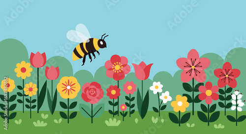 Colorful illustration of a bee flying over a vibrant flower garden under a clear blue sky
