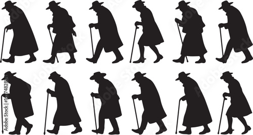 Collection of 12 diverse elderly people silhouettes