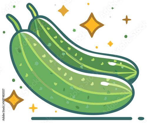 Two Fresh Green Cucumbers Flat Design Illustration with Sparkling Elements