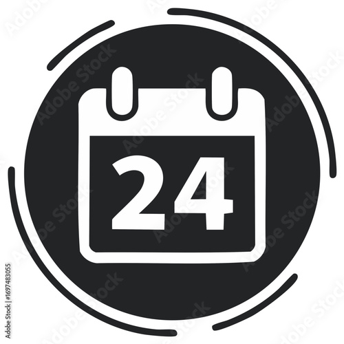Calendar Icon with the Number 24, Minimalist Design, Black and White, Round Frame