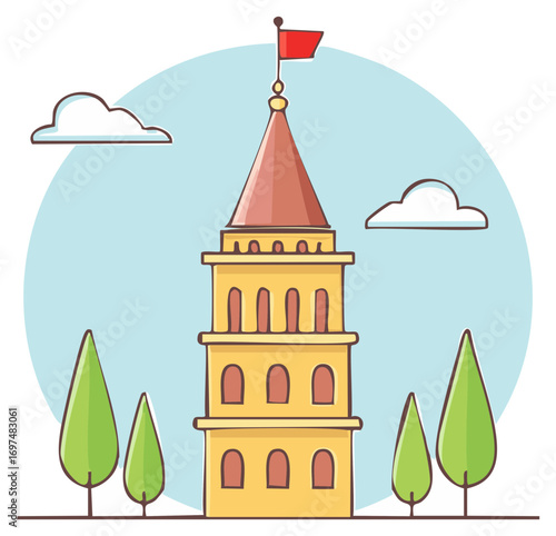 Whimsical cartoon style tower with a red flag on top surrounded by green trees and fluffy white clouds under a blue sky