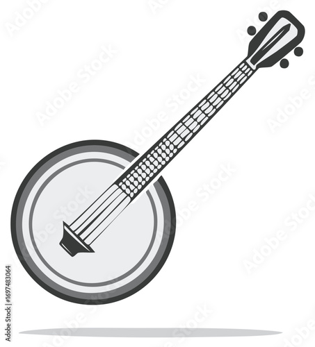Banjo instrument illustration with headstock, neck, strings and circular body in black and white style