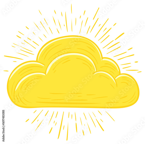 Hand drawn bright yellow cloud with radiating sunbeams for weather forecast or sunny day concept