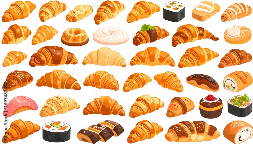 Naklejka premium Various pastries and sushi displayed on a white background