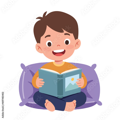 A smiling child happily points at a picture in an open book while sitting comfortably on a soft cushion, depicted in a vibrant flat 2D vector illustration with clean outlines and a white background.