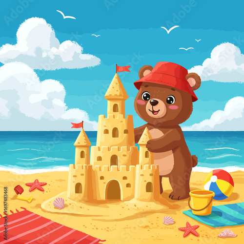 Cute bear building a sandcastle on a sunny beach with colorful toys and seashells around