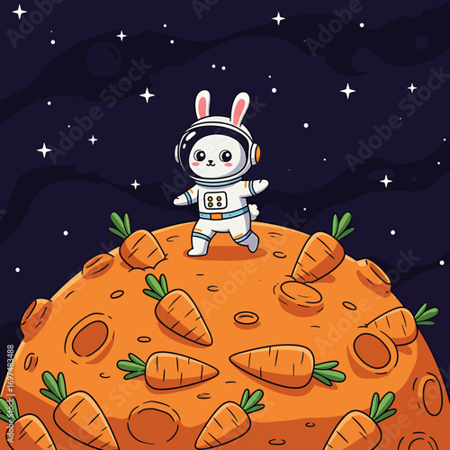 Cute cartoon rabbit in an astronaut suit exploring a vibrant orange planet covered with carrots