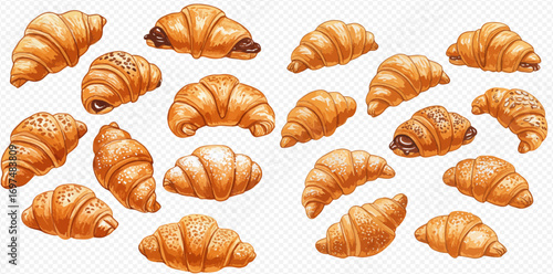 A delicious assortment of illustrated golden-brown croissants, some plain and others with chocolate filling or toppings.